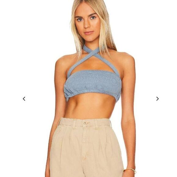 New WeWoreWhat Tie Halter Bra Top Wide Rib Storm Blue Summertime Size Small - Picture 1 of 4